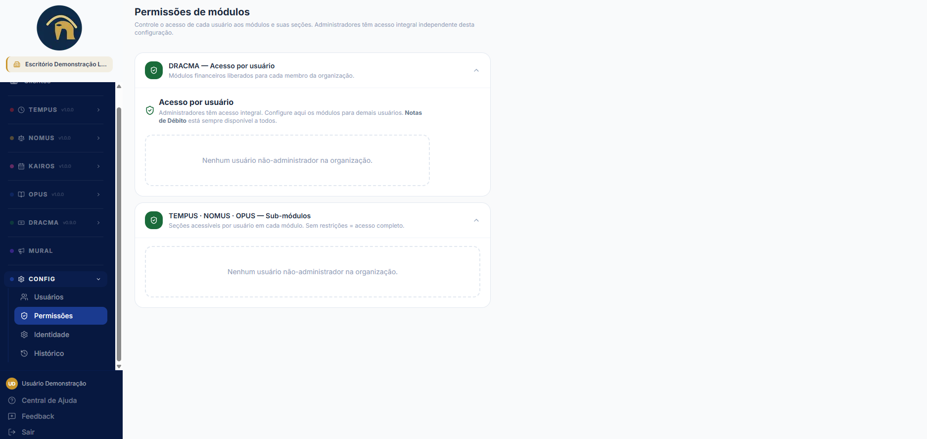 Definição de permissões por módulo e seção