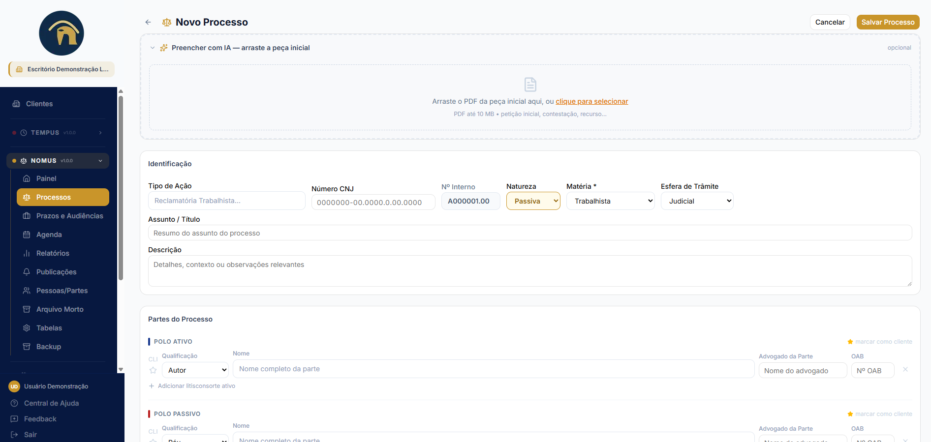 Novo processo — número, cliente e classificação