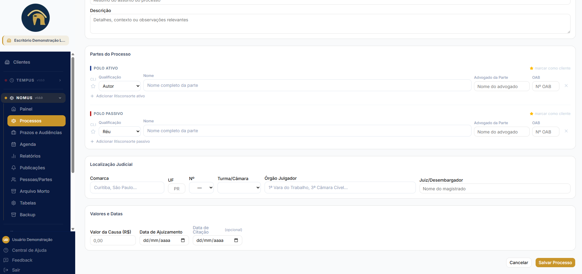Novo processo — partes e advogados