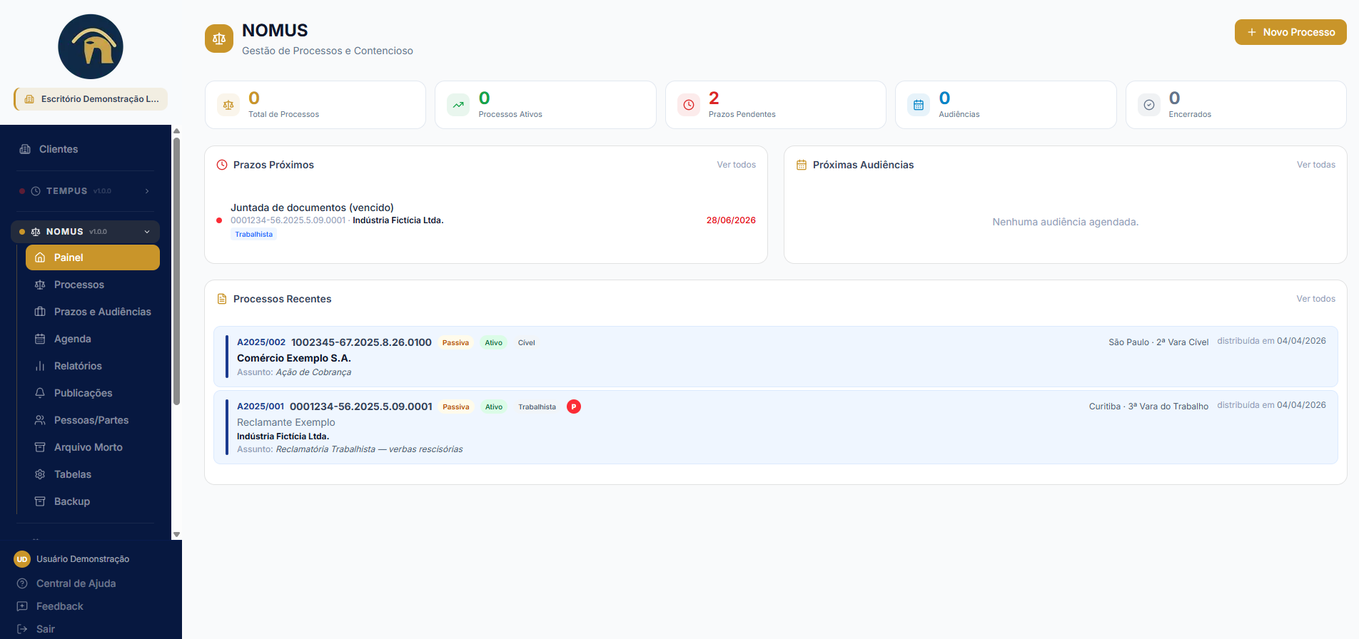 Painel do NOMUS com a lista de processos