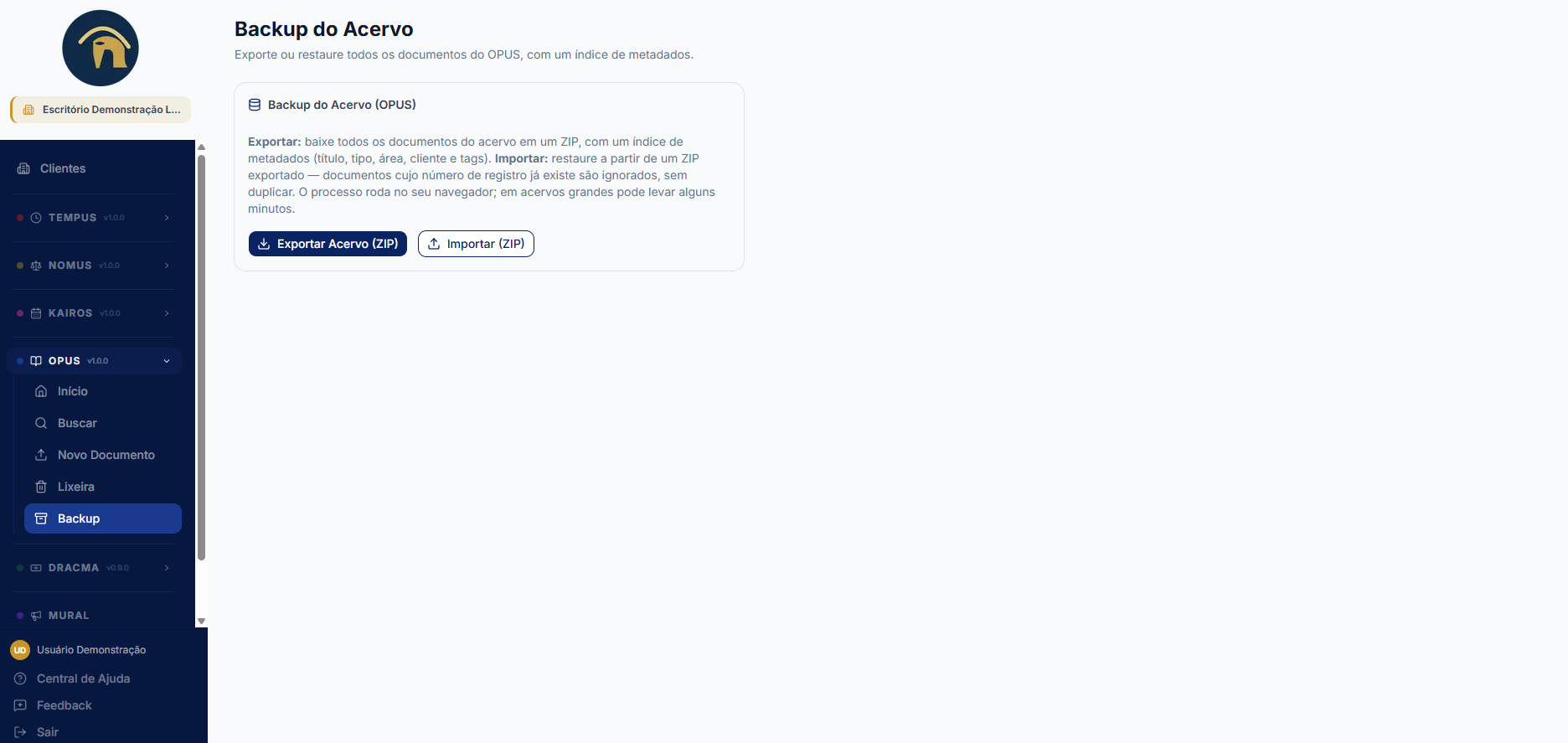 Tela de backup do OPUS — exportar e importar o acervo